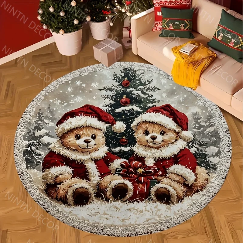 1pc 2D Flat Round Floor Mat, Christmas Adorable Bear Printed Rug, Holiday Home Decor, Suitable for Living Room, Bedroom, Office