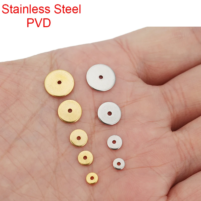 30pcs PVD Never Fade Stainless Steel Thin Spacer Beads 4 5 6 8 10 mm Round Flat Beads For DIY Necklace Supplies Jewelry Making