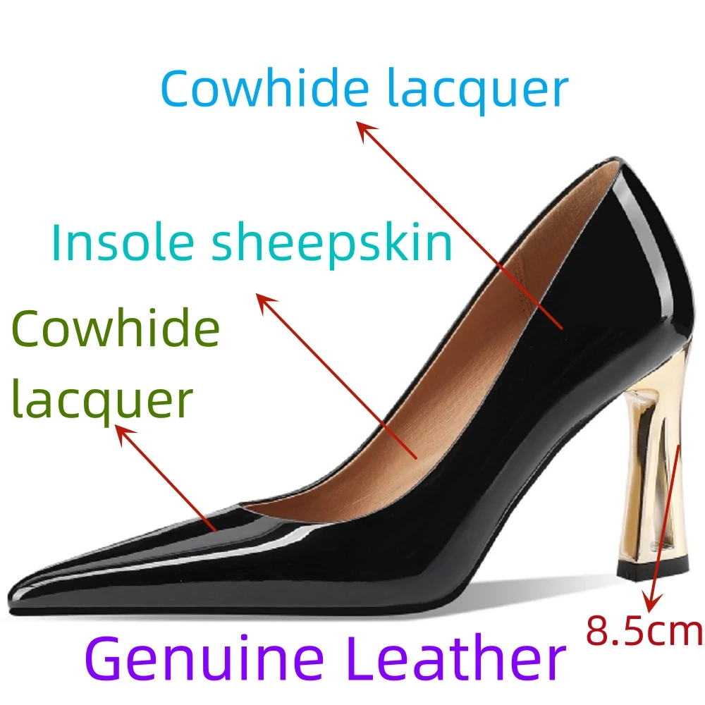 【JOCHEBED HU】Lady Shallow-Mouthed Genuine Leather Shoes High Chunky Heel Pointed Toe Elegant Office Pumps Shoes For 33-43