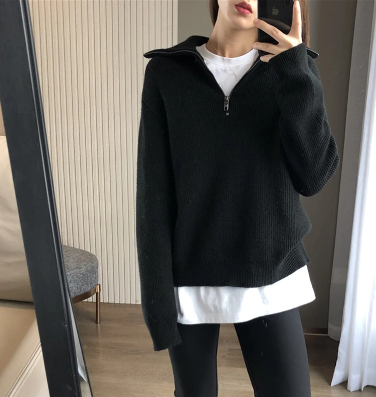 Autumn and winter new cashmere sweater women's high-necked zipper plus size sweater loose polo neck knitting thickening