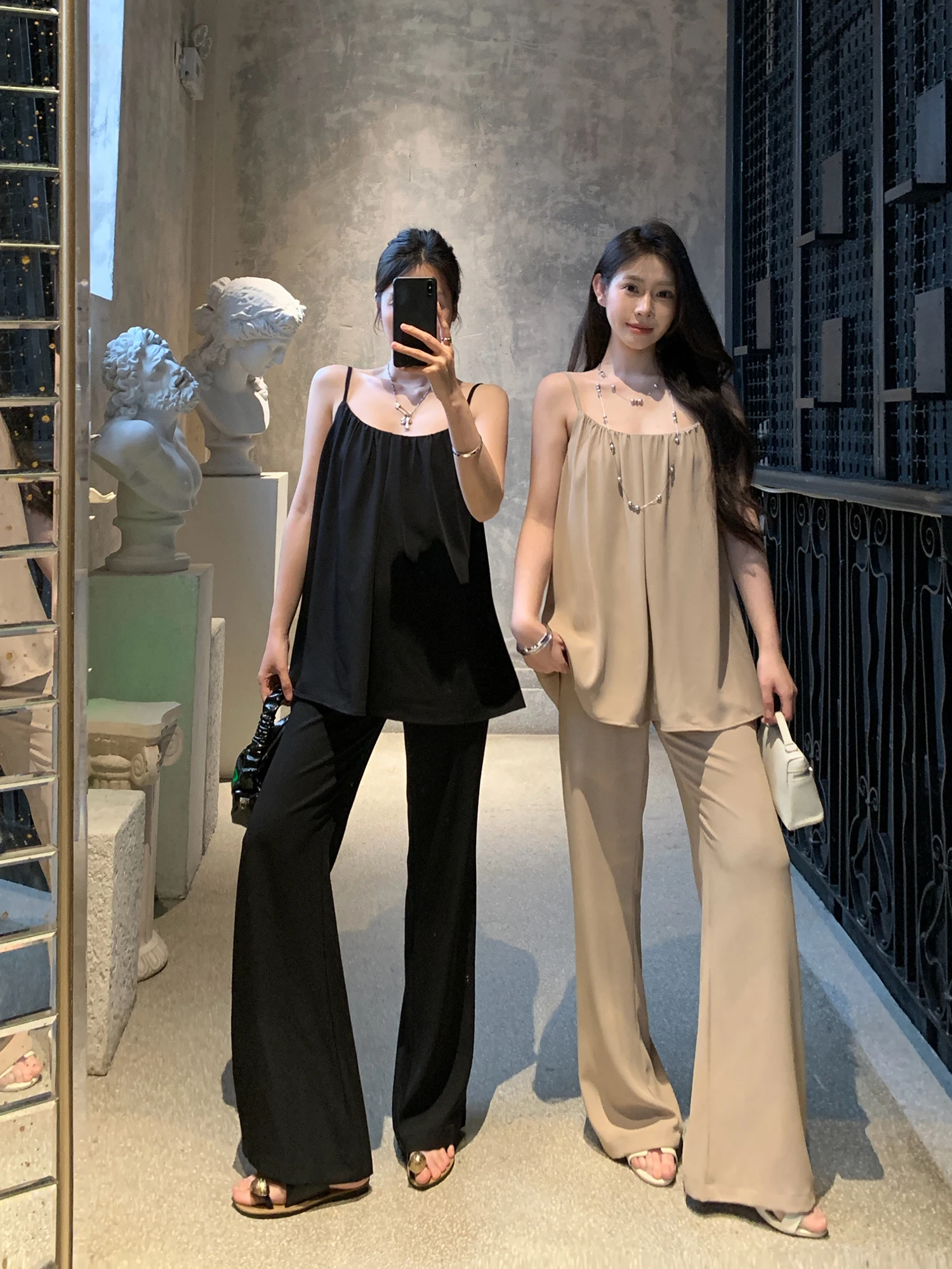 

Withmxboom Grey Women's Fashion Set Casual Tank Top And High Waist Long Pants Two-Piece Suit Versatile Slimming Summer Outfit