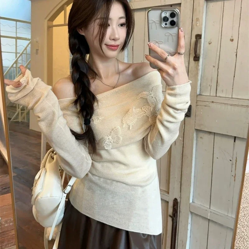 Deeptown Off Shoulder Women Sweater Harajuku Butterfly Elegant Korean Fashion Knitted Pullovers Autumn Slim Gyaru Sexy Aesthetic