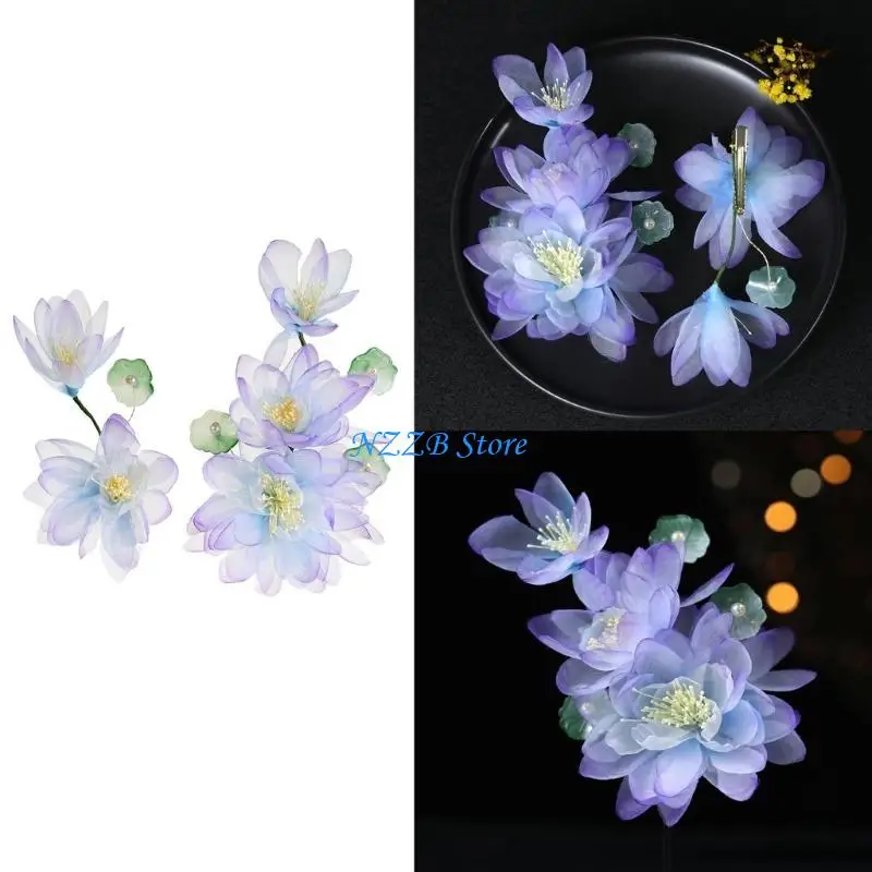 

T21F Fabric Flower Hairpins for Bride Chinese Costume Hair Clip Side Hair Barrettes Elegant Side Pin Hair Ornaments