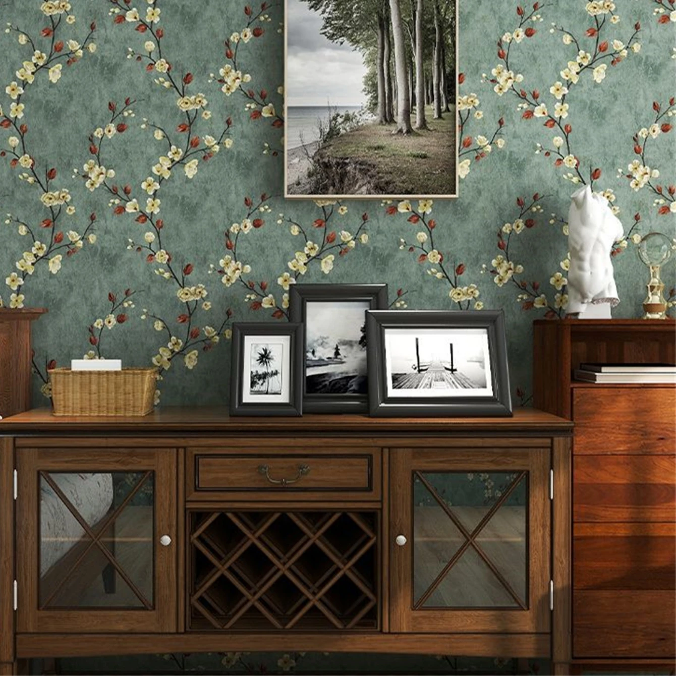 Vintage Green Floral Peel and Stick Wallpaper Self‑Adhesive Contact Paper Waterproof Removable Vinyl Film for Cabinet Home Decor