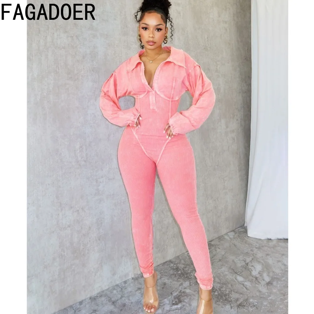 FAGADOER jumpsuit Bodycon Ribber kualitas tinggi Solid Fashion wanita leher V playsuit ramping lengan panjang overall elastisitas wanita