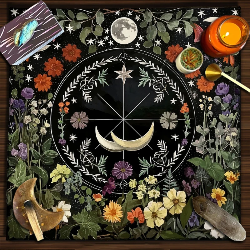 VIKAMA Zodiac Sun Moon Floral Black White Cat Tarot Altar Cloth Divination Spread Mat Witchcraft Wiccan Tablecloth Decor
