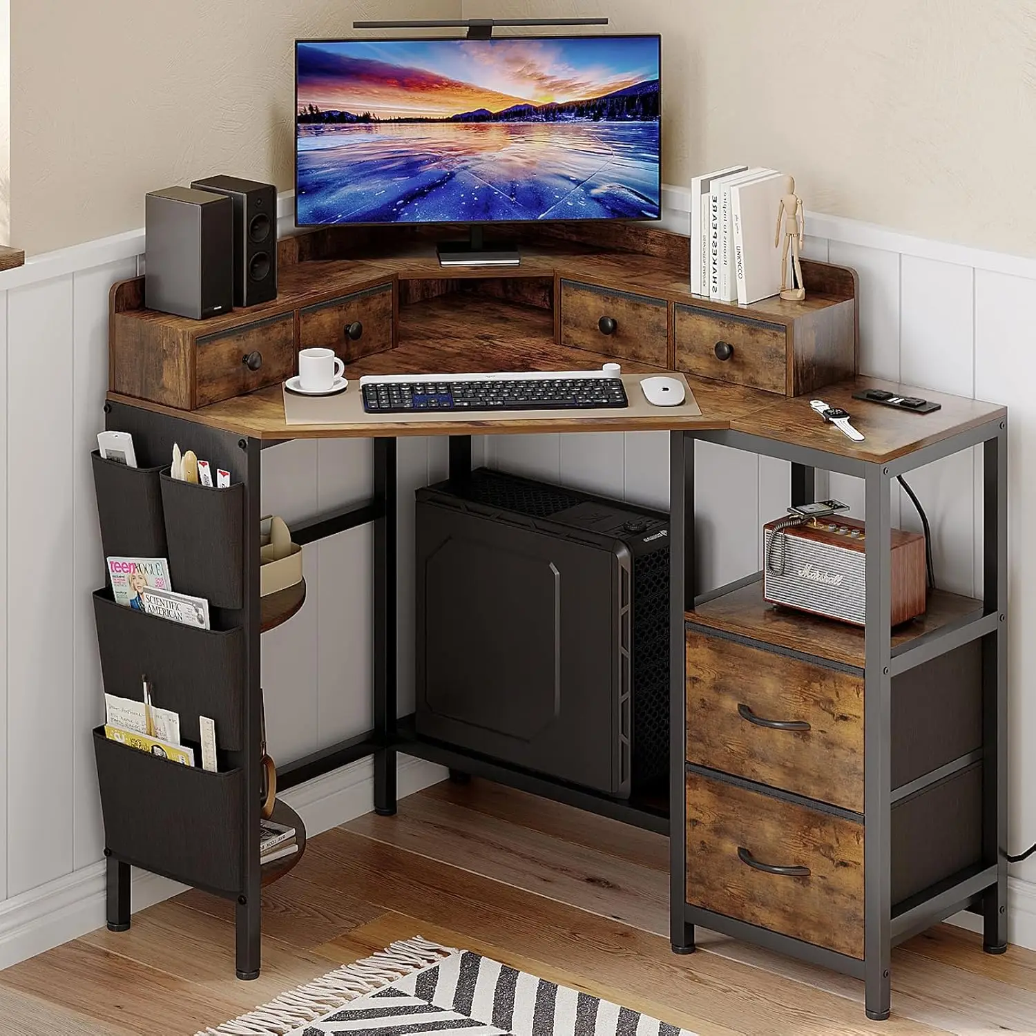 Corner Desk with 6 Fabric Drawers Shelves for Small Space Computer Desk with Power Outlets Gaming Desk Home Office Workstation