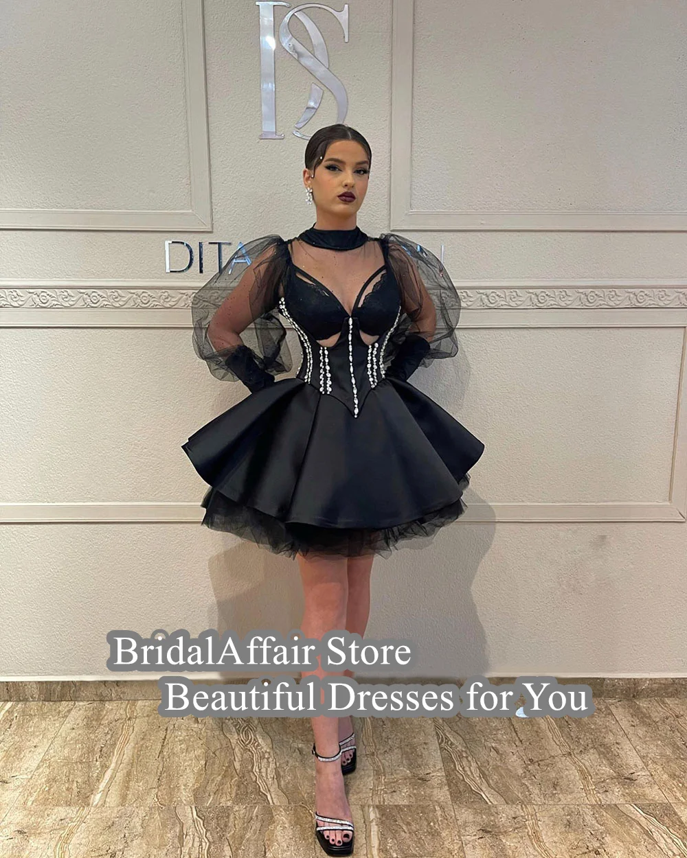 BridalAffair A Line Cocktail Dresses Tulle Long Sleeves Stain Ball Gowns Celebrate Evening Party Dresses Club Night Wear Outfit