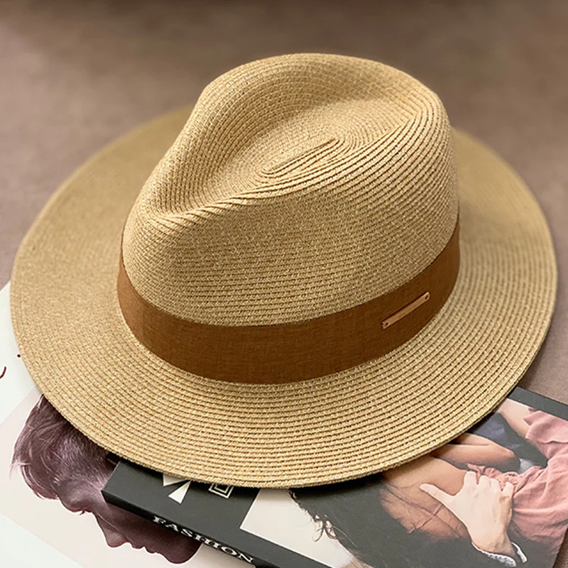 Chapéu de palha de panamá unisex chapéu de chapéu de chapéu fedora cabeça grande circunferência sun sombra proteção uv all-match moda ajustável breathabl