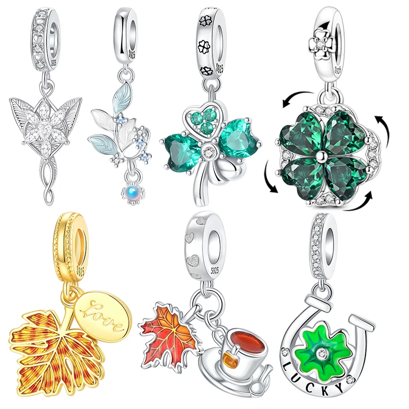 925 Sterling Silver Flower Grass Leaf Charms Lucky Four Leaf Clover pendant Fit Bracelets Good Luck DIY Jewelry Gift for Women