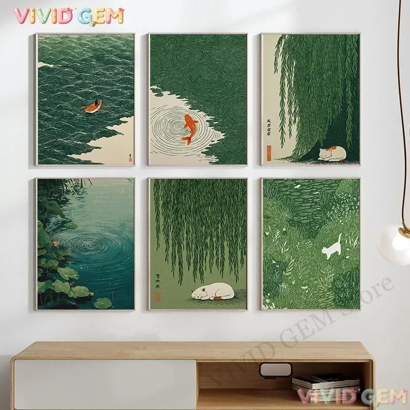 VIVID GEM Forest & Koi Fish Zen Water Waves Crane Painting Canvas Retro Japanese Poster Print Wall Art for Peaceful Home Deco