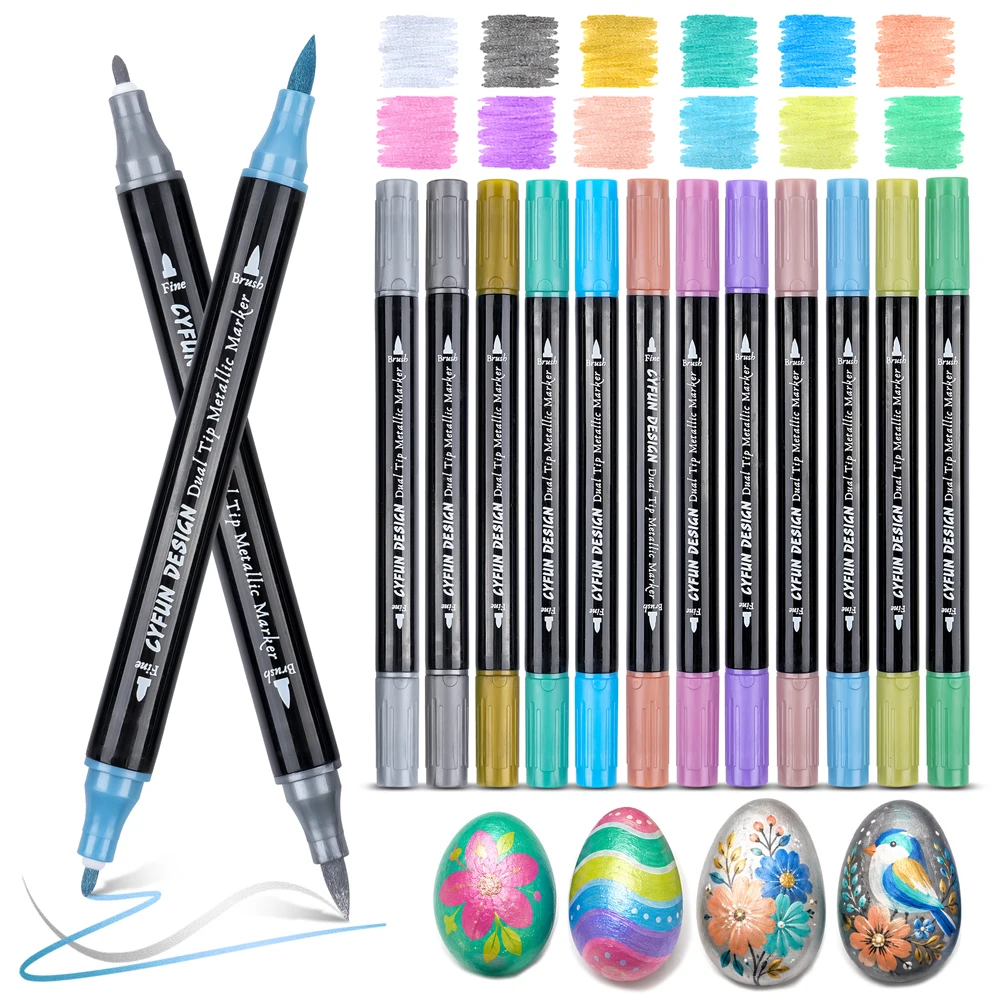 Dual-Tip Metallic Acrylic Markers,2-in-1 Fine & Brush Tip Paint Pens for Black Paper,Rock Painting,Ceramic, Wood,Glass Crafts view 2