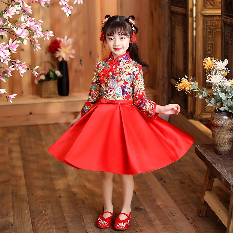 Girls' Hanfu 2025 Chinese Red New Year Cheongsam Dress Tang Suit Princess Style