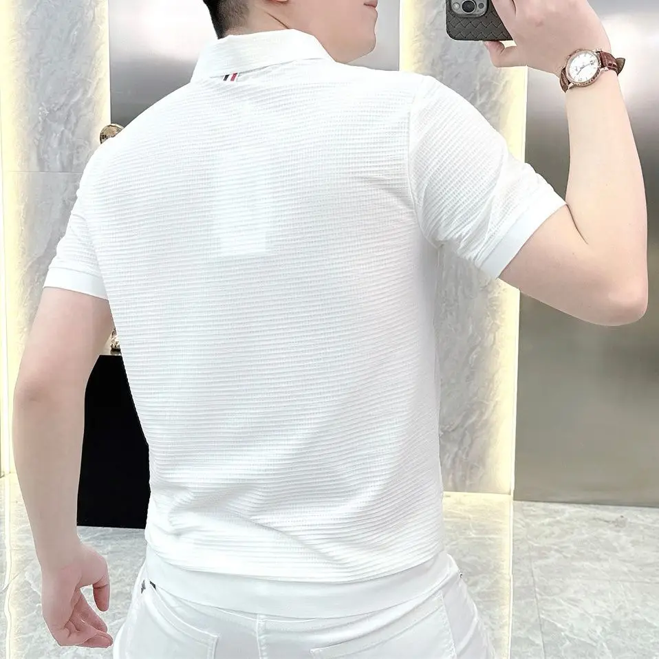 Men's Clothing White Cotton Tee Summer Minimalist Polo Neck Slim Fit Casual Sophisticated Office Ready Fashion Solid Color