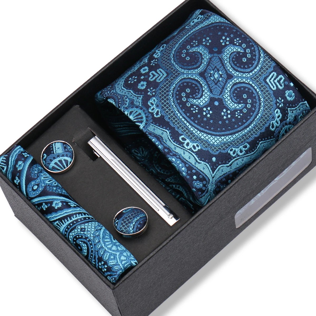 Tie Wedding Gift Wholesale New Style Pocket Squares Set Cufflinks Tie Clip Necktie Box Men Fit Wedding Blue Paisley Black Boxs