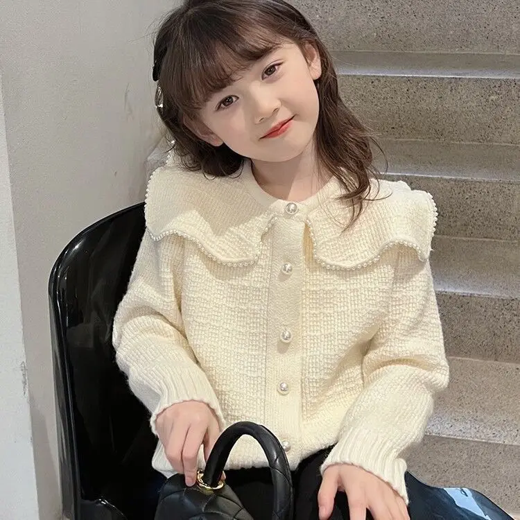 

3-11Y Girls Spring Autumn Cardigan New Fashion Solid Color Long Sleeve Pearl Big Ruffle Collar Knit Coat Kids Casual Clothes