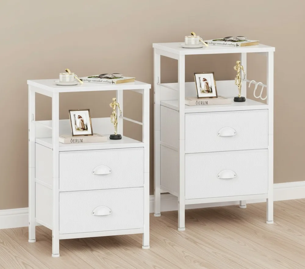 

Набор тумбочек из 2 предметов с тканевыми ящиками и металлическими крючками, белая прикроватная тумбочка для хранения в спальне, гостиной