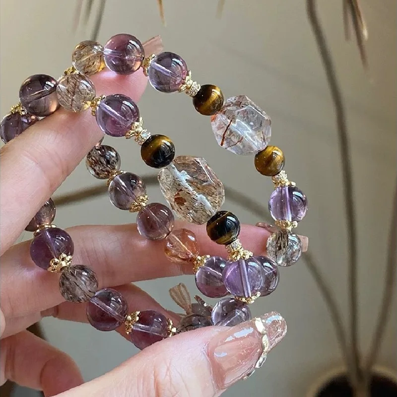 Natural Amethyst Bracelet, Unisex  Amethyst, Yellow Tower Crystal, Tiger's Eye Stone, Black Gold Super Seven Bracelet