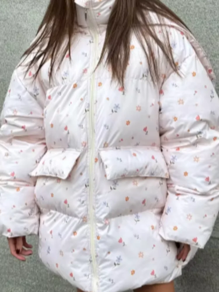 أنيقة سيدة مطبوعة مقنعين معطف القطن الوقوف طوق كم كامل جيب فضفاض دافئ ملابس خارجية النساء 2025 الشتاء اليومية تخفيف معاطف