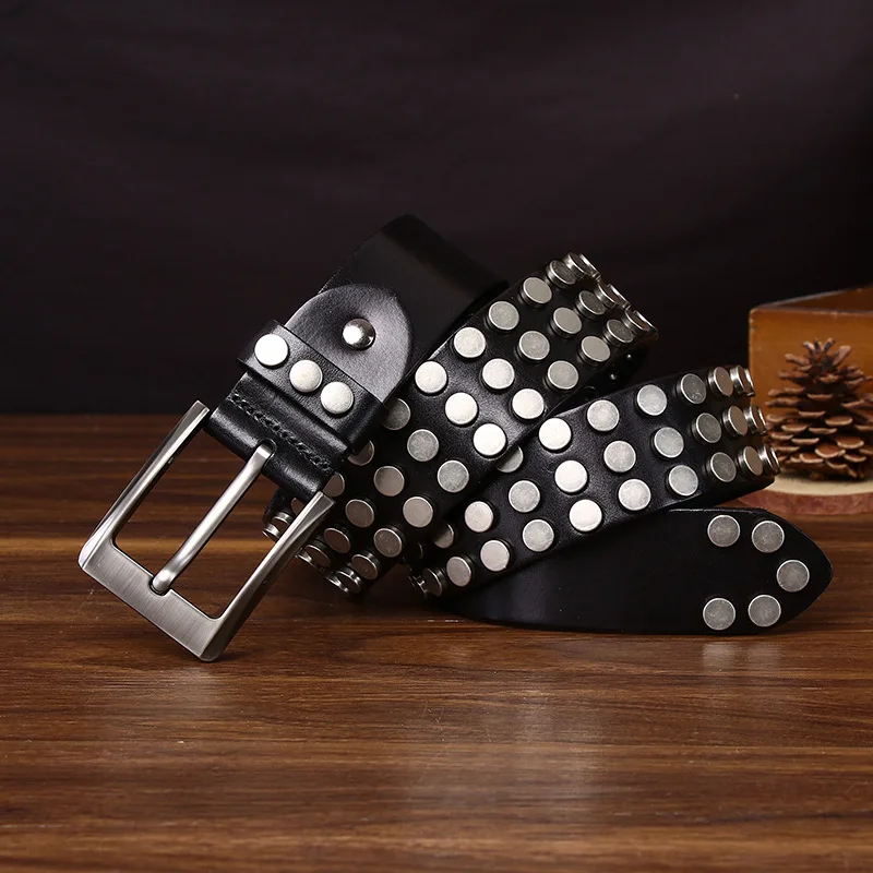 

men's fashion hip hop rock round rivets belts black brown designer belt genuine leather studded waistband pin buckle strapon man