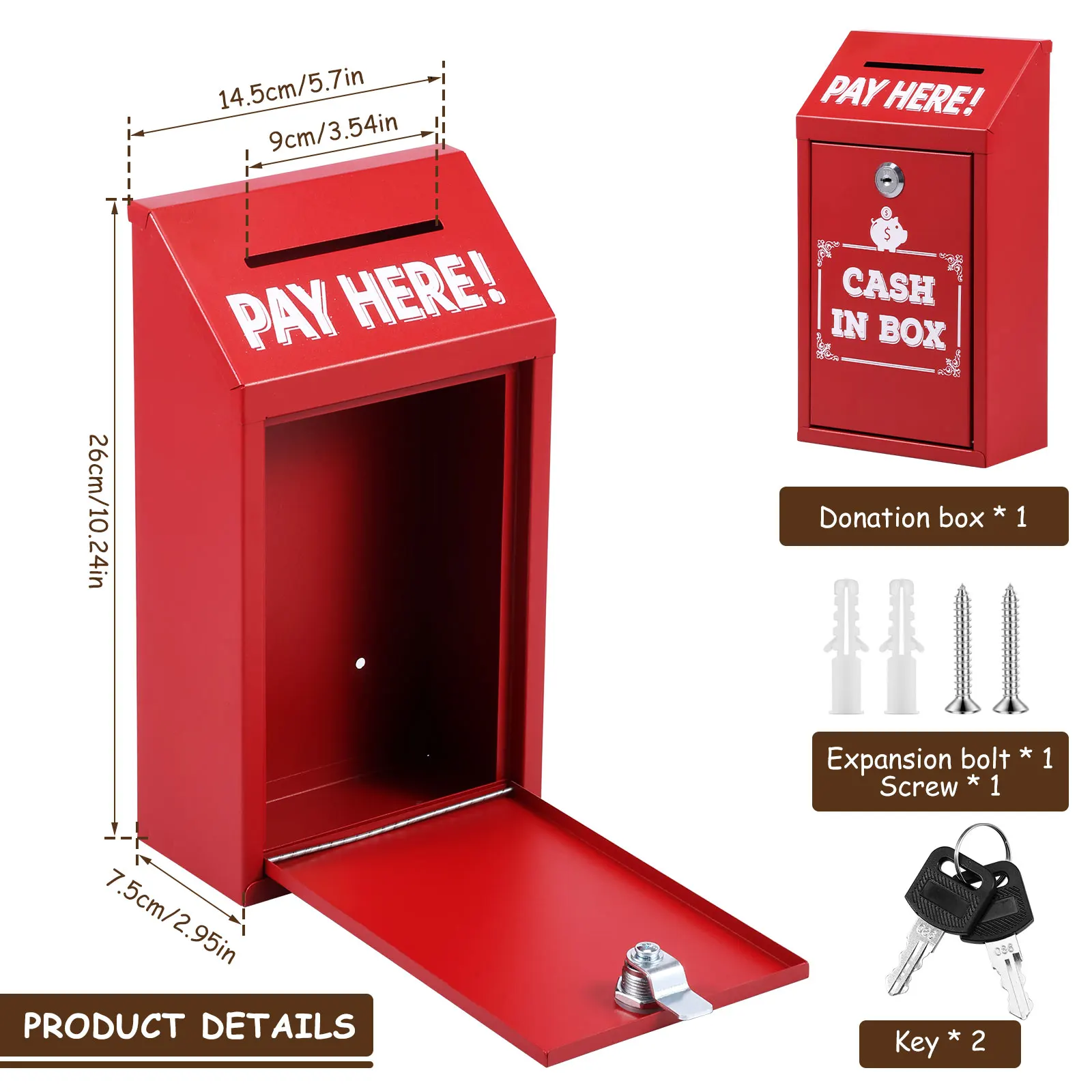 1Pc Metal Donation Box with Lock Key Rust-proof Collection Boxes Wall Mounted Suggestion Box Cash Boxes for Business Home Office