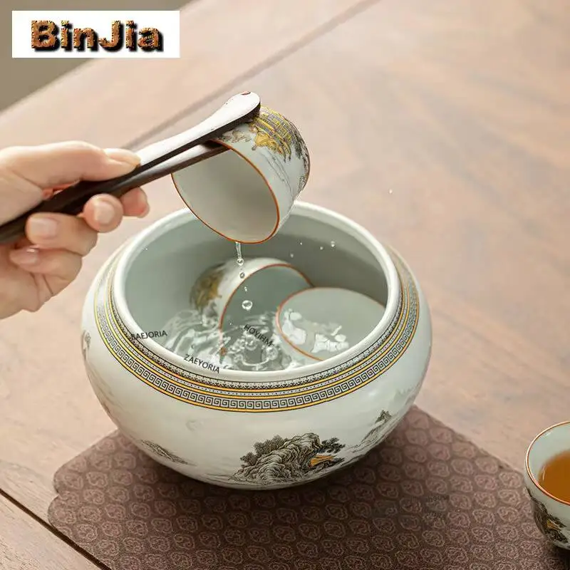 Ru Kiln Gold Landscape Jianshui Tea Washing Basin Tea Residue Bucket Tea Garbage Can Household Chaxi Tea Ceremony Collection