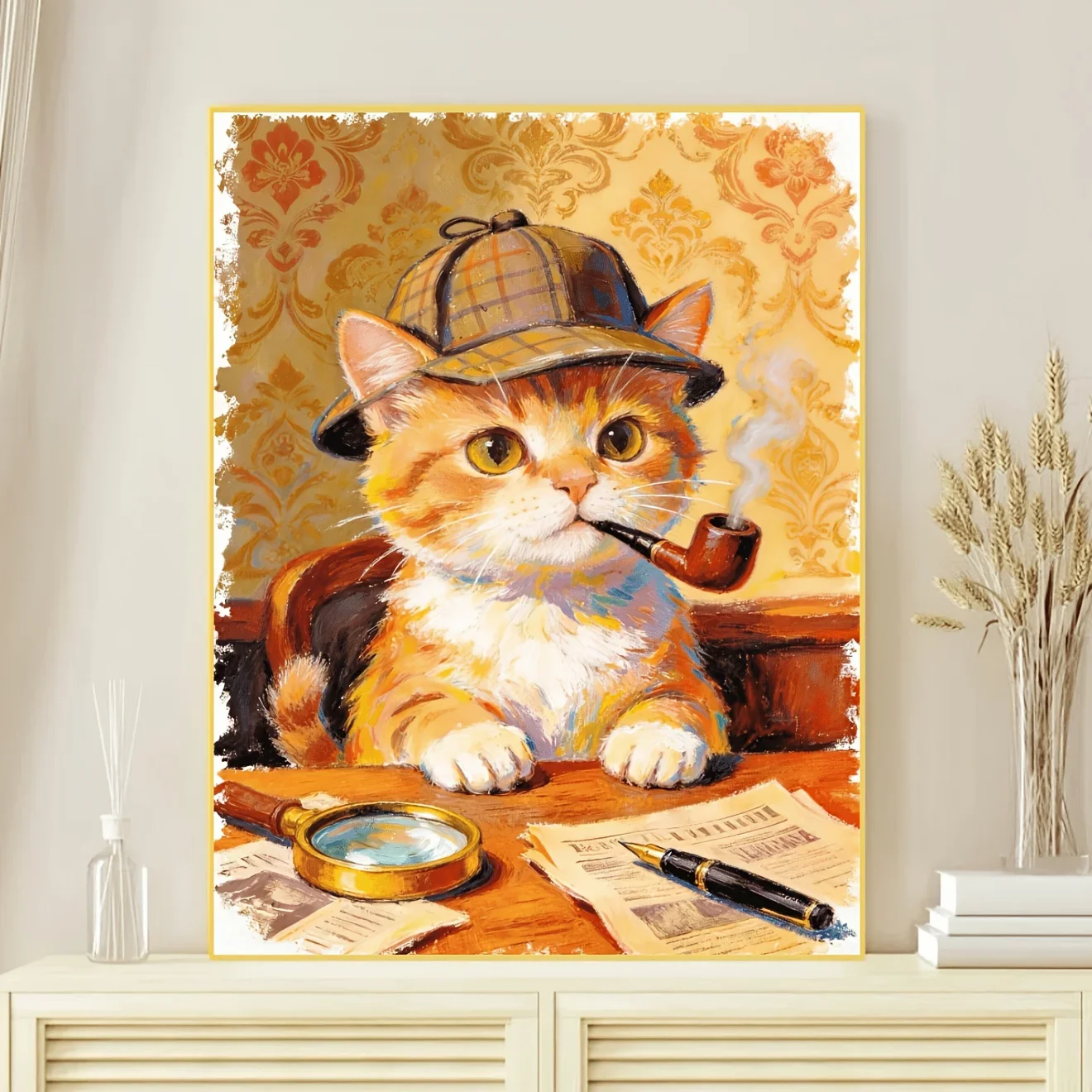 Diamond Painting Orange Cat Detective Holding Pipe Mosaic Handmade Artwork Round/Square Diamonds Gift Home Decor