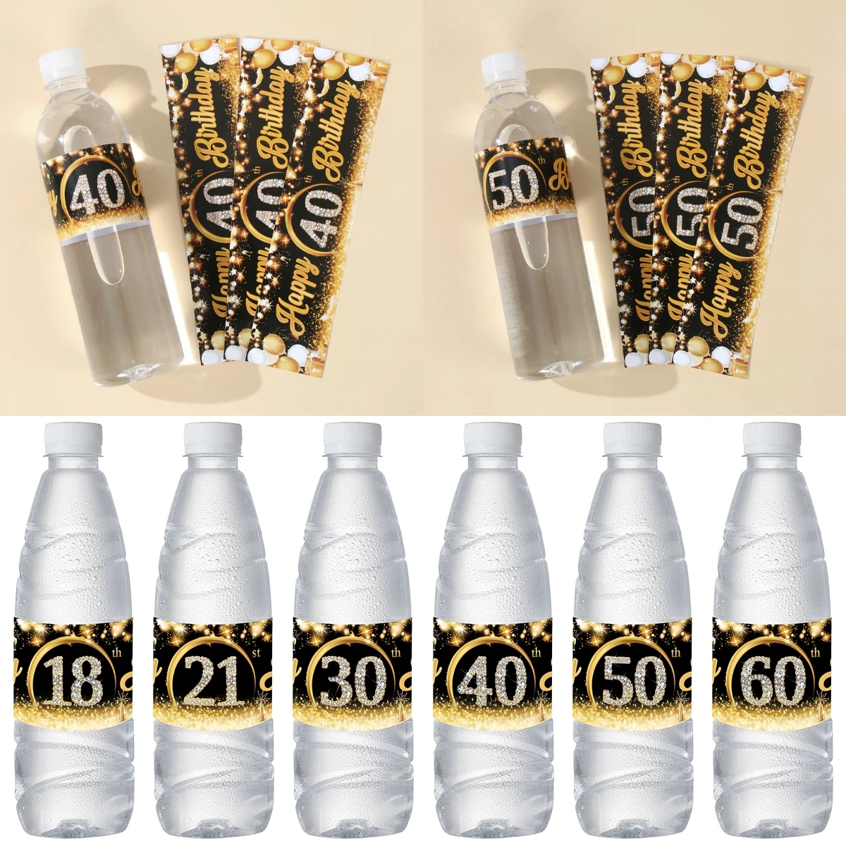 10Pcs 18th 21th 30th 40th 50th 60th Black Gold Birthday Bottle Stickers Happy Birthday Party Decoration Kids Adults Favors Gifts