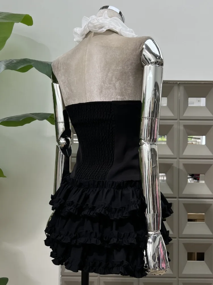 여성용 플로럴 레이스 V넥 백리스 크롭탑 블랙 화이트 배색 허리 스커트 투피스 세트 보헤미안 비치 2025 봄 여름 세트