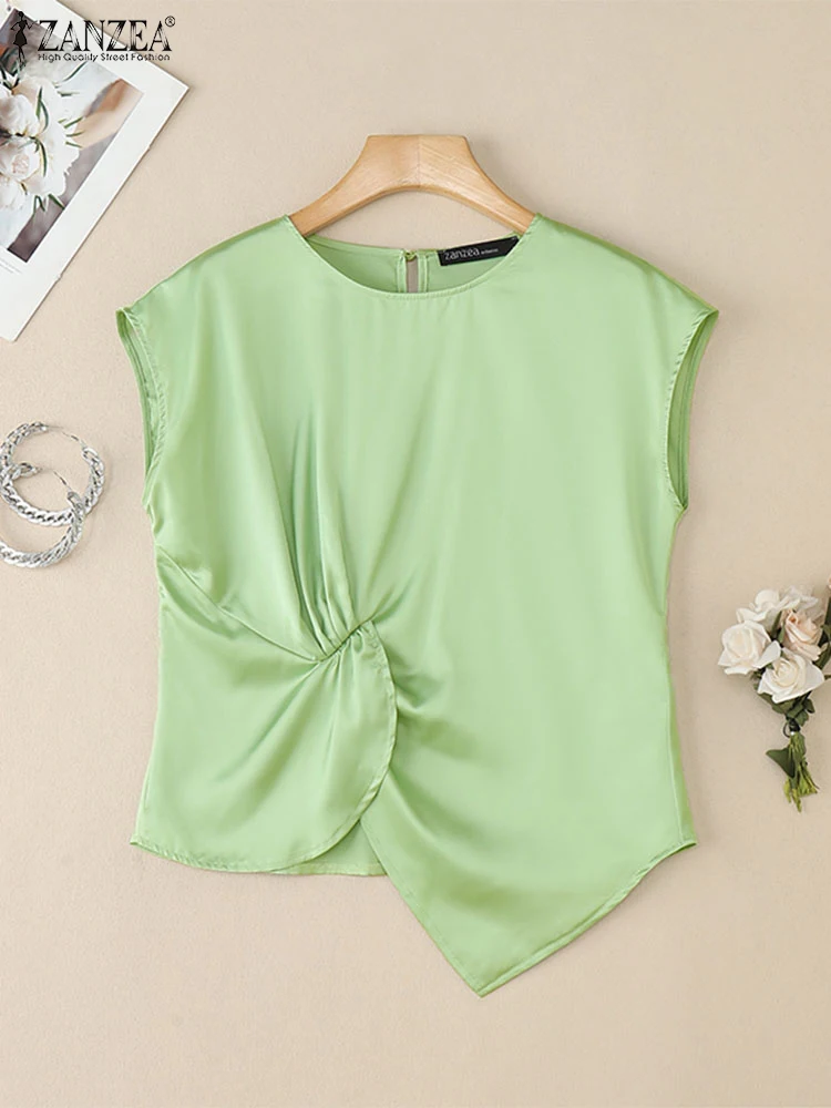 

Элегантные атласные блузки для женщин ZANZEA, летние топы с круглым вырезом и короткими рукавами, витые детали, асимметричный подол, однотонные топы, 3 цвета