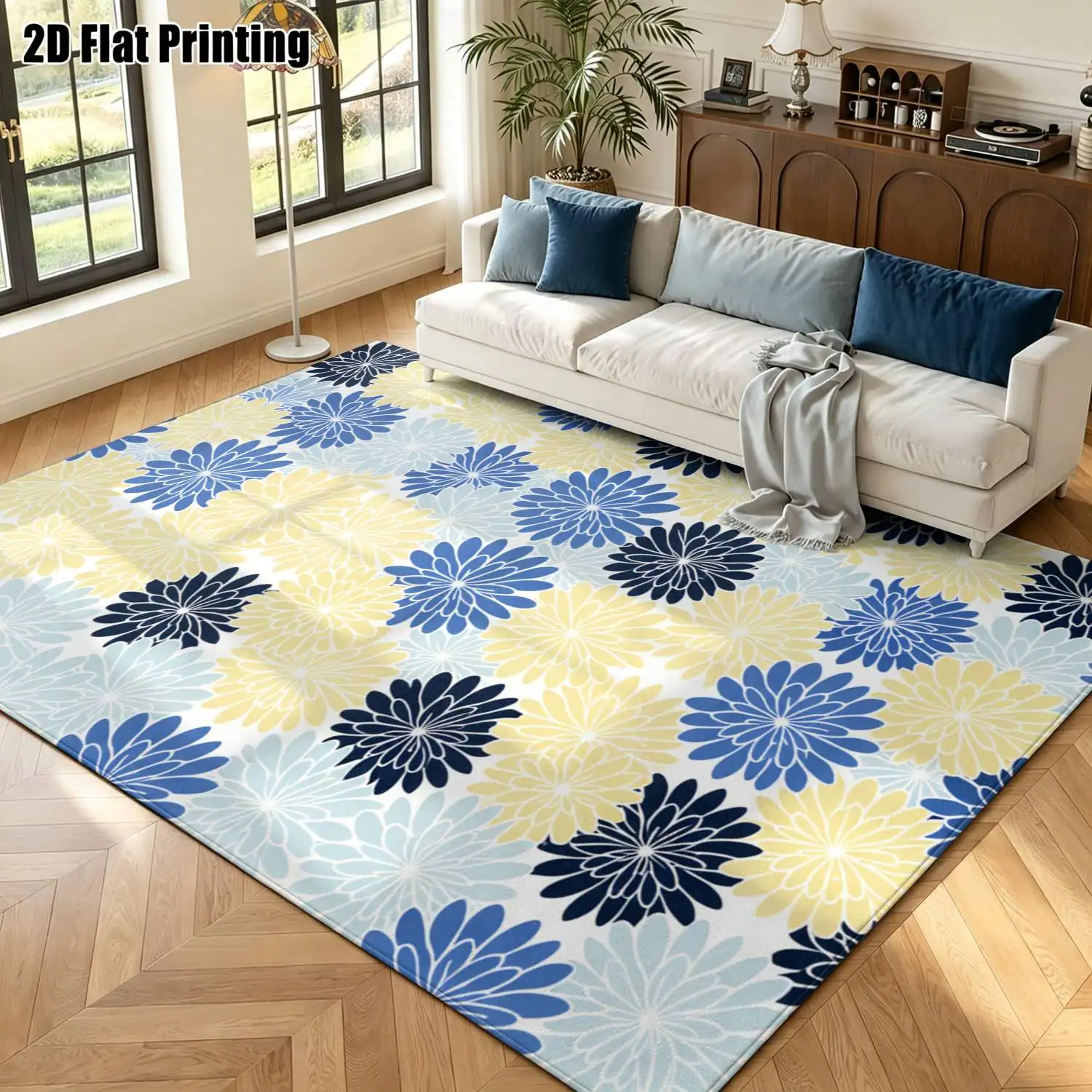 1Pc 2D Printed Blue-Yellow Flower Nordic Carpet, Instagram-Inspired Modern Minimalist Geometric Striped Floor Mat, Multi-Size Machine Washable Home Decor for Entrance, Dining Room, Foyer, Bedroom, Living Room