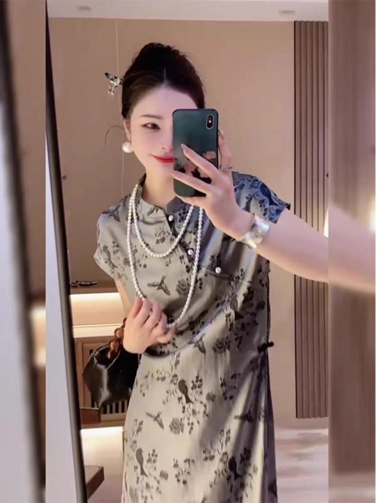 Ele verano ort Sve Dr mujer cintura alta estampado nuevo chino Sle Retro alta gama bandera bata falda