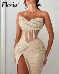 Vestido de cóctel brillante con abertura lateral profunda para mujer, vestidos de noche Beige, vestidos de fiesta de boda, ropa de desfile personalizada, hermoso y Sexy