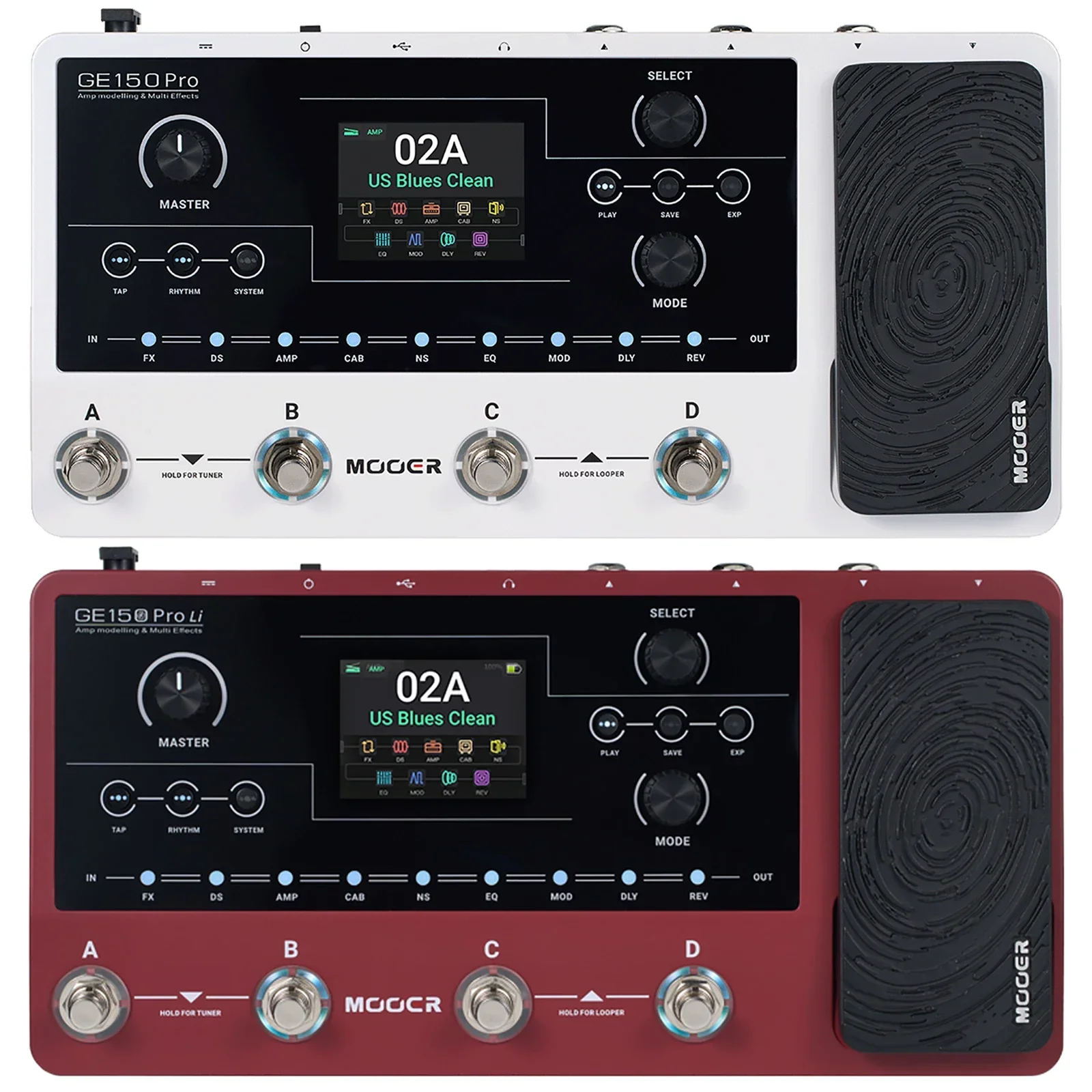 Mooer guitarra multi efeitos pedal ge150 pro/pro li amplificador de guitarra modelagem embutido 9 horas bateria 4 footswitche ir carregador