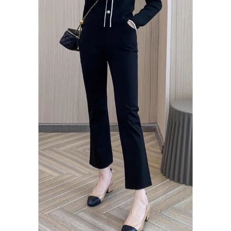 Pantaloni micro svasati in seta di ghiaccio elastica Pantaloni da abito elasticizzati a vita alta sottili primavera estate da donna Pantaloni casual con spacco