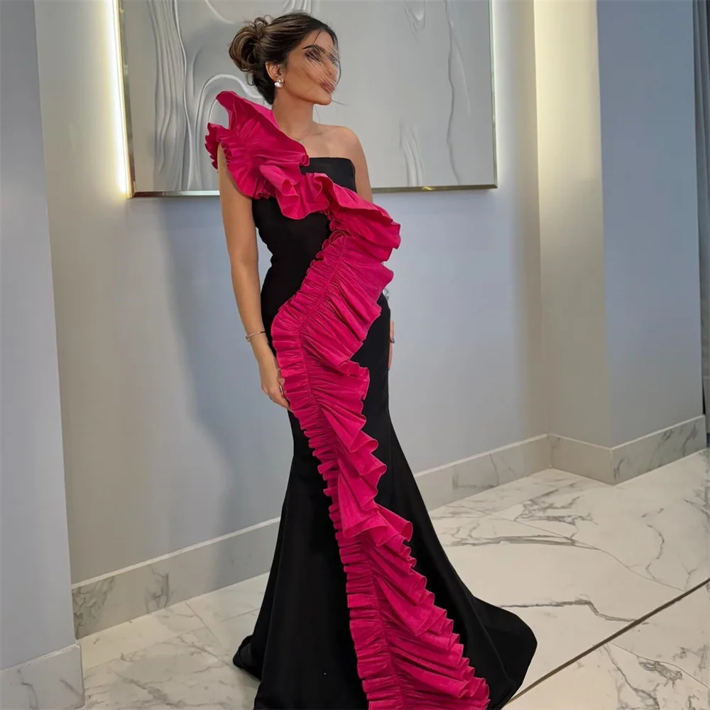 Tarot One Shoulder Ruffles Evening Dresses Mermaid Satin Floor-Length Women Special Occasion Dress Sleeveless robes de soirée