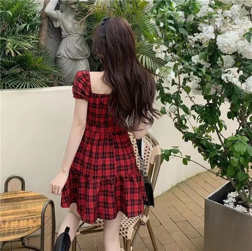 Dresses Woman Plaid Casual Streetwear Sweet Ladies Puff-sleeve Fashion  Korean Style Cute Simple Ins Retro All-match New Summer - AliExpress  200000345
