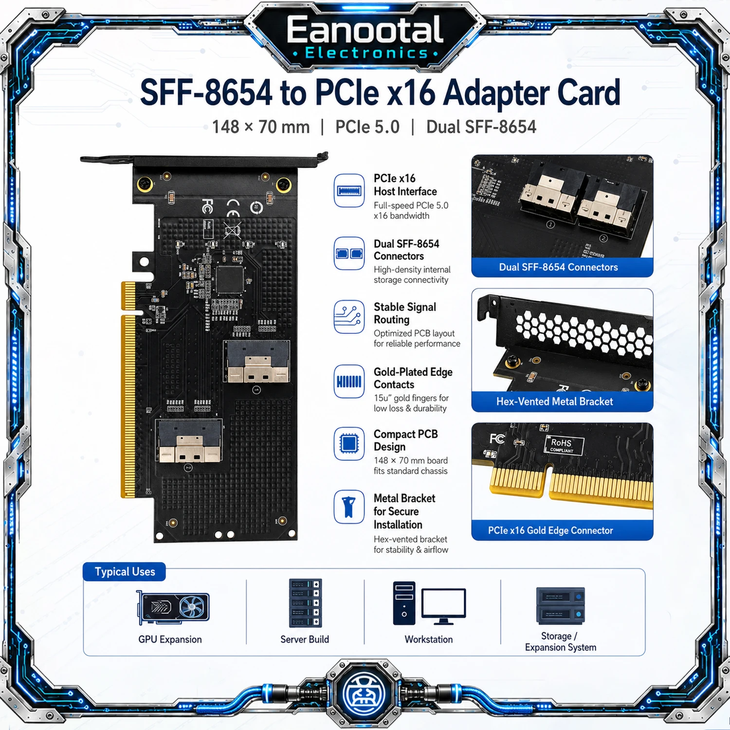 PCI-E Gen4 X16 to SlimSAS SFF-8654 Dual GPU Riser Cable Kit Bifurcation Adapter for Graphics Card Desktop Server