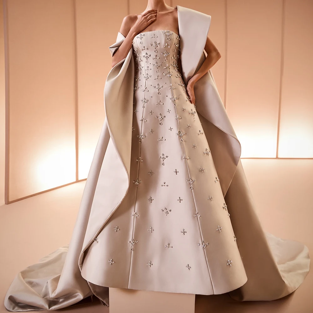 Customized Exquisite Satin Beading and Crystal Evening Dresses A-Line Watteau Train Floor Length Strapless Shawl Sleeveless Gown