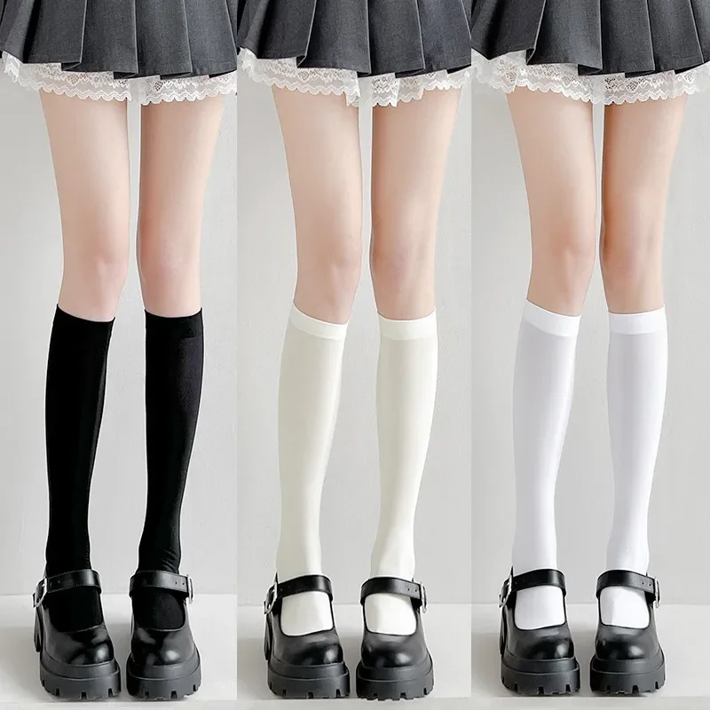 Einfarbige lange Lolita-Socken JK Damen hochelastische Sommer dünne weiße mittelhohe Socken Lolita gestreifte Overknee-Strümpfe