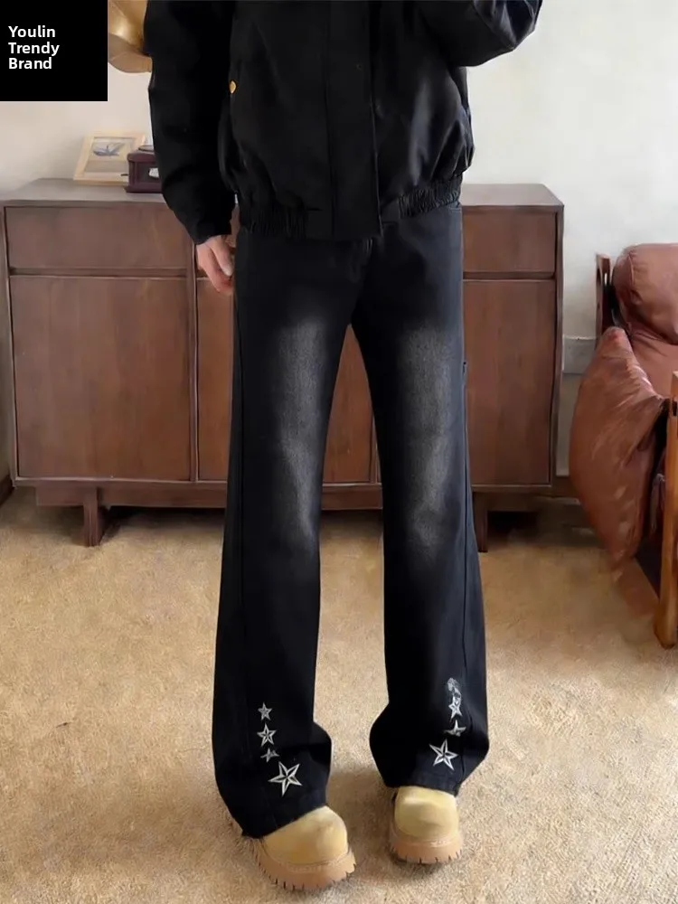 

Мужские джинсы прямого кроя с вышивкой, на подкладке, с высокой талией, в американском уличном стиле, весенние, повседневные, износостойкие