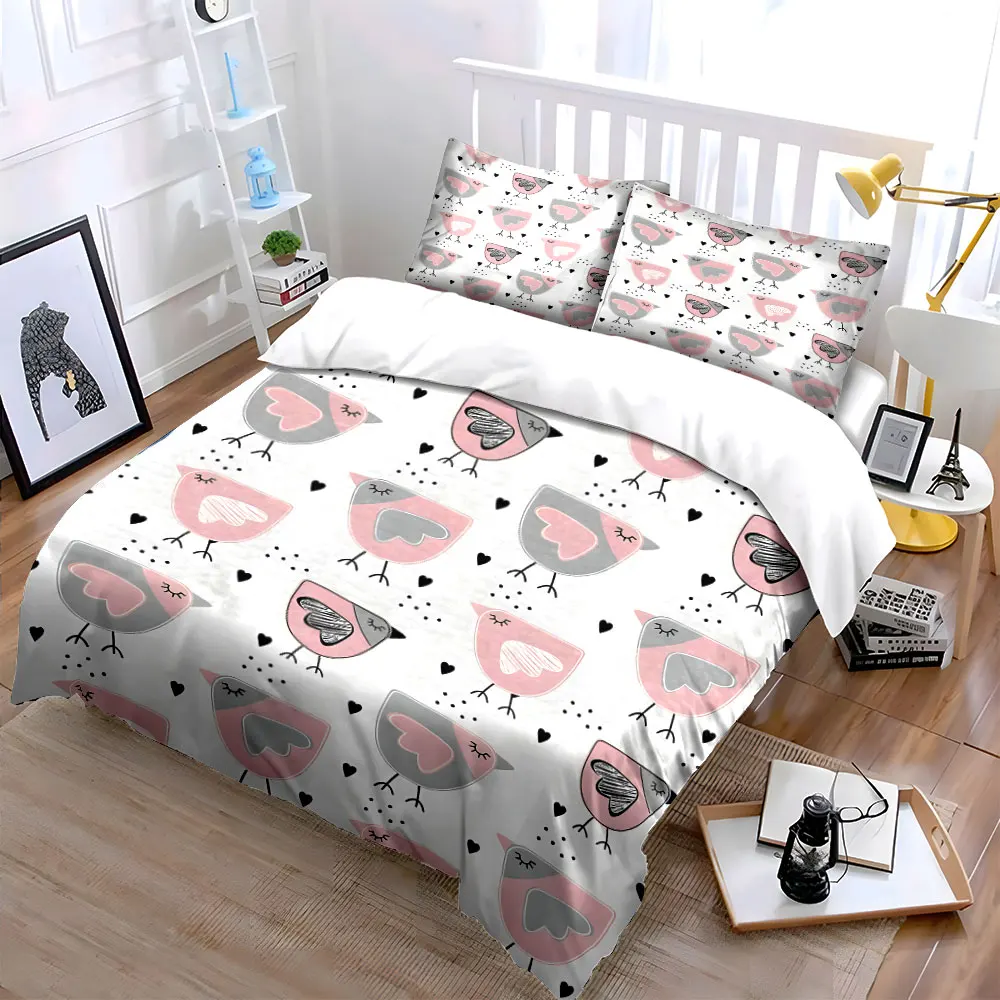 3pcs Pink birds with heart patterns Print Soft Comfortable Duvet Cover Bedding Set Included 1*Duvet Cover 2*Pillowcases 2