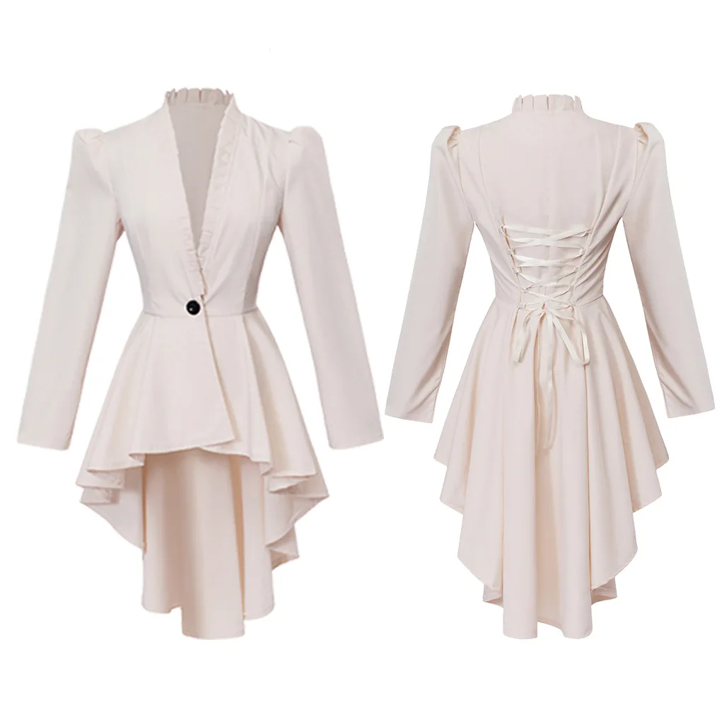 

Женское длинное пальто с заниженным подолом, элегантный повседневный Топ в стиле стимпанк с длинными рукавами-фонариками, воротником-стойкой и V-образным вырезом