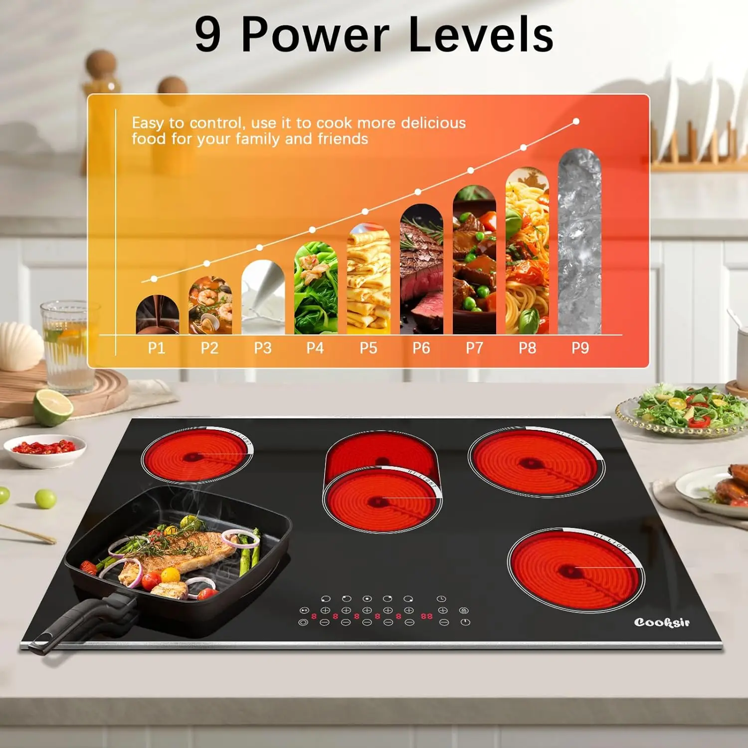 Cooktop 30 Inch, 5 Burner Built-in Electric Stove Top with Glass Protection Metal Frame, 8400W Radiant Glass Cooktop, Safety Loc