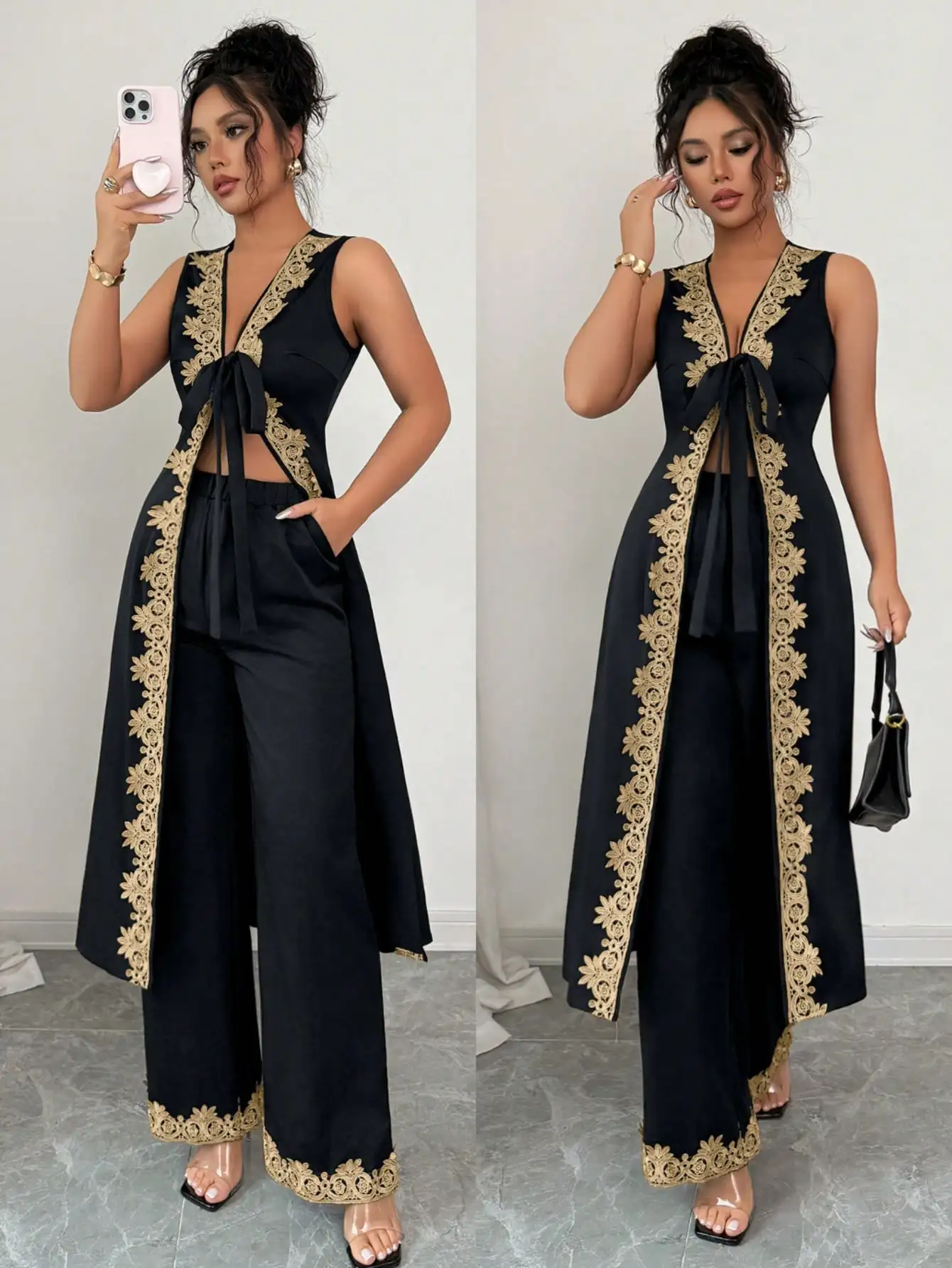 

Женский комплект из 2 предметов: черный топ без рукавов с V-образным вырезом и золотистой кружевной отделкой, а также брюки с широкими штанинами
