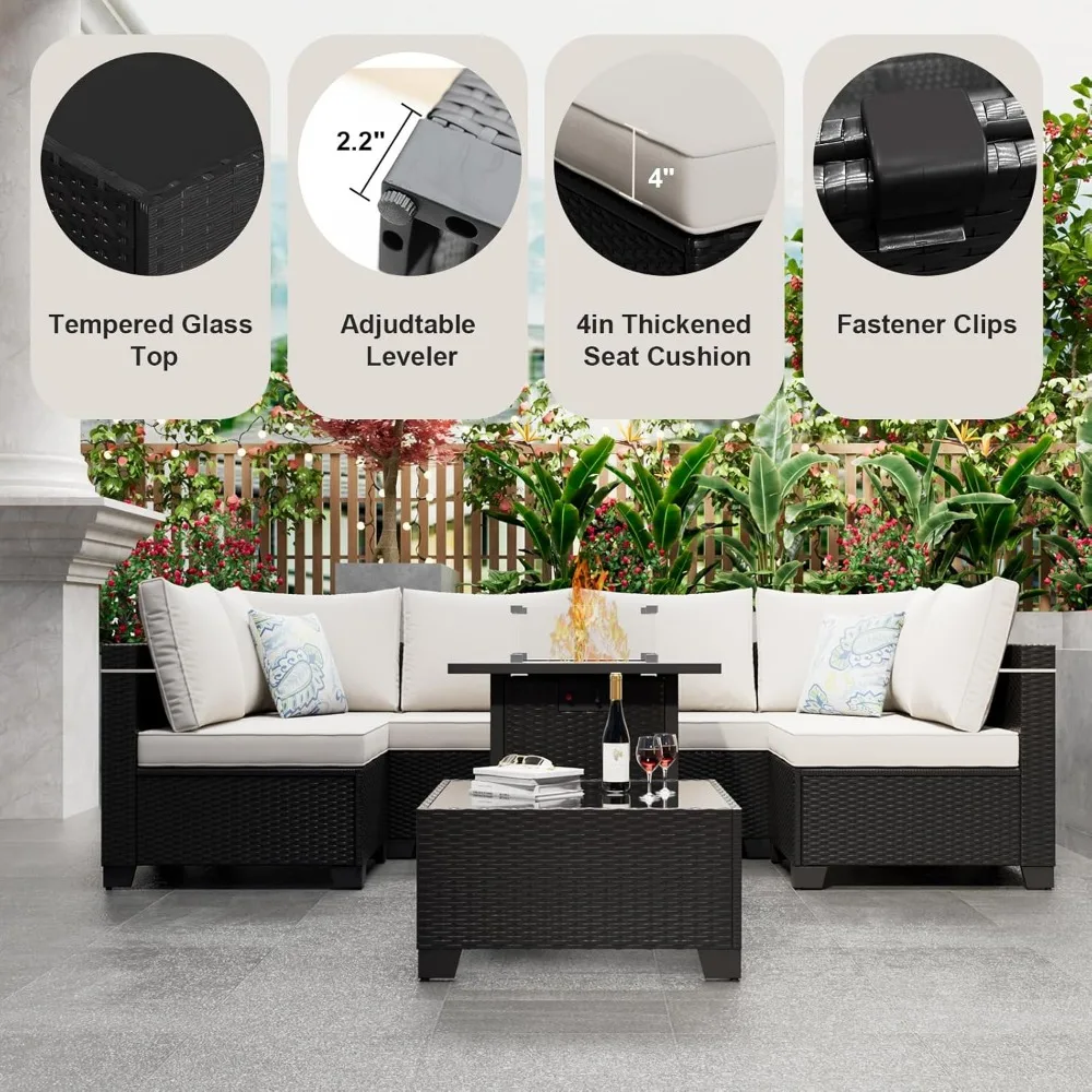 مجموعة أثاث الفناء مع طاولة حفرة النار 28 بوصة، مجموعة محادثة أثاث خارجي مكونة من 8 قطع مع وسائد وأريكة مقطعية من الخوص #3