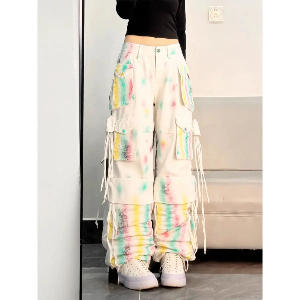 Women's Colorful Graffiti Multiple Pockets Wide Leg Pants Casual Street Hip-hop Bottoms Female High Waist Fashion Trousers