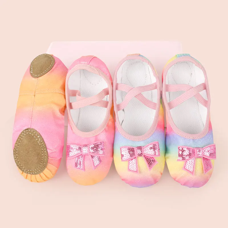 Girls Ballet Shoes PU Dance Shoe Glitter Ballet Flats with Sequin Bow Soft Sole Dance Slippers Ballet Dance Shoes for Kids