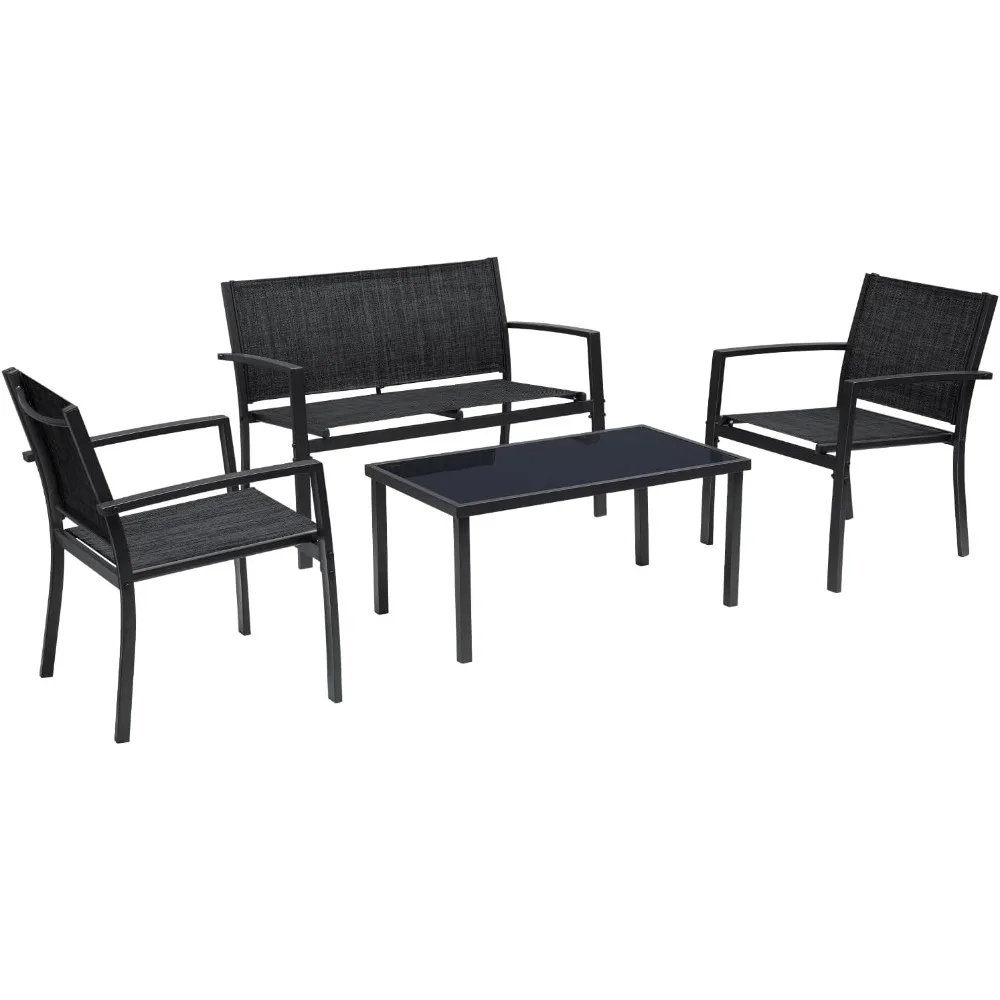 

4 Pieces Patio Furniture Set Outdoor Conversation Textilene Fabric Chairs for Lawn, Garden, Balcony, Poolside with A Glass Coff