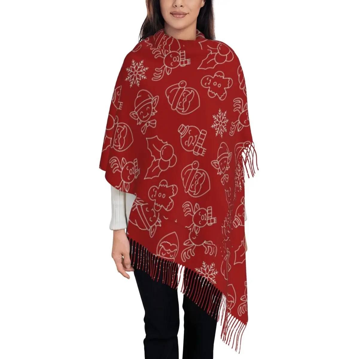 Christmas Santa Claus Scarf for Womens Winter Fall Cashmere Shawls and Wrap New Year Single-sided Pattern Scarves with Tassel